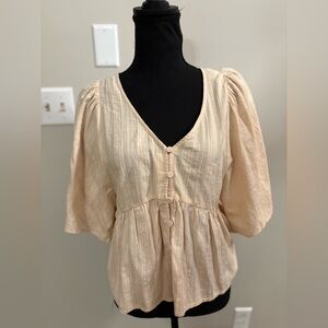 Miami Tan and Cream Puff Sleeve Peplum Blouse